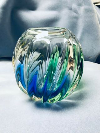 Vintage Swilred Hand Blown Round Glass Vase With Blue Green And Gold