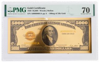 1928 $5,  000 24kt Gold Certificate Commemorative Pmg 70 Gem Unc