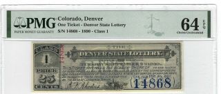 1890 25 Cents Lottery Ticket,  Denver State Lottery,  Ornate & Pretty Pmg 64epq