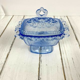 Vintage Depression Glass Rectangular Footed Covered Candy Dish Light Blue