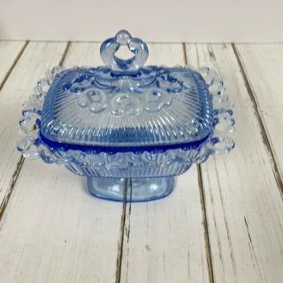 Vintage Depression Glass Rectangular Footed Covered Candy Dish Light Blue 2