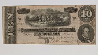 1864 $10 Richmond Confederate Note - Very Good/fine