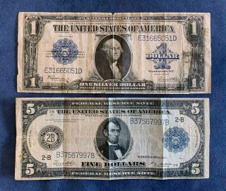 1914 $5 Five Dollar Note & 1923 $1 Blue Seal Silver Certificate - Us