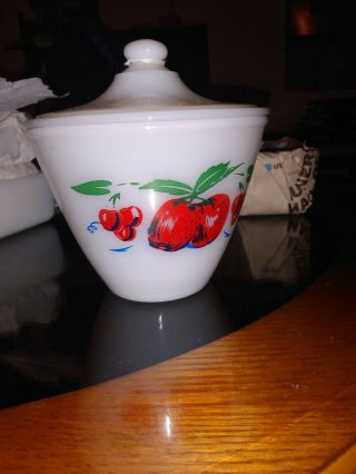 Vintage Fire King Apples And Cherries Grease Jar Bowl With Lid