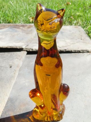 Vintage Viking Glass Amber Yellow Epic 8 " Cat Figure Mid Century Modern Mcm
