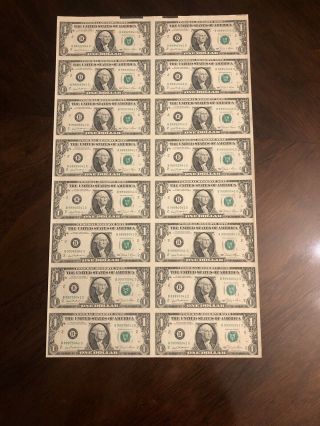 1981 Us Federal Reserve Note Sheet Of 16 Uncut One Dollar Bills Uncut & Crispy