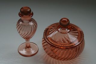 Pink Depression Glass Swirled Dressing Table Set - Powder Jar & Perfume Bottle