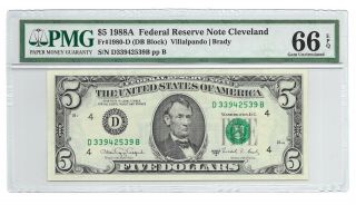 1988a $5 Cleveland Frn,  Pmg Gem Uncirculated 66 Epq Banknote