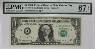 1969 $1 Federal Reserve Note Kansas City Pmg Cert Gem Unc 67 Epq (074a)