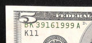 1999 $5 Frn Misaligned Printing Error Date In Serial Number - Millennium - Aligned