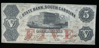 1860 $5 State Bank Of South Carolina United States Obsolete Note Currency