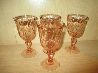 Set - 4 Vtg Rosaline Pink 6” Optic Swirl Wine Goblets Cristal D 