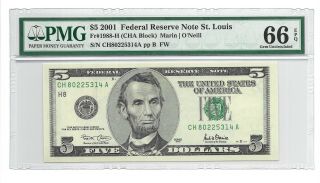 2001 $5 St Louis Frn,  Pmg Gem Uncirculated 66 Epq Banknote
