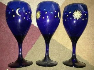 Vintage Set Of 3 Libbey Cobalt Blue Celestial Wine Glasses Goblets Sun Moon Star