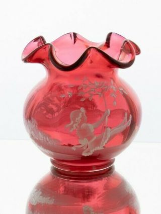 Fenton Vase " Little Girl On A Swing " Hand Painted,  Signed 4 - 1/2 "