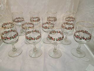 Libbey Holly Berry Gold Rim Christmas Wine Water Goblet Cut Glass Stem Set Of 12