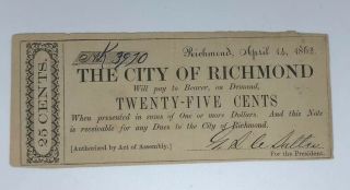 1862 City Of Richmond Virginia 25 Cents Obsolete Note