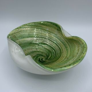 Vintage Murano Art Glass Green Swirl Gold Fleck Bowl Ashtray