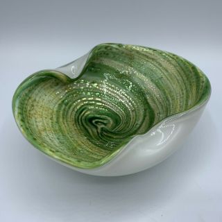 Vintage Murano Art Glass Green Swirl Gold Fleck Bowl Ashtray 2