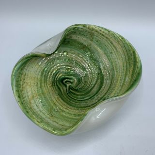 Vintage Murano Art Glass Green Swirl Gold Fleck Bowl Ashtray 3