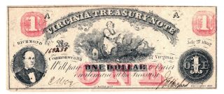 1862 Virginia Treasury Note $1 Vf