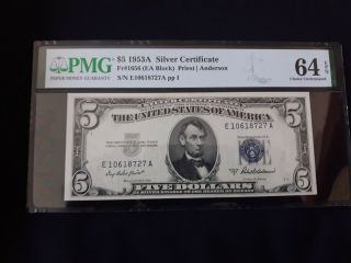 Fr.  1656 1953 A $5 Silver Certificate,  Pmg 64 Epq 8