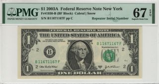 2003 A $1 Federal Reserve Note York Repeater Serial Pmg 67 Epq (167f)