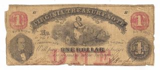 1862 Virginia Treasury Note,  Richmond - One Dollar Obsolete Note No.  6765