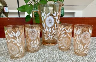 Vintage Jeannette Marigold Carnival Glass Pitcher And 4 Glasses