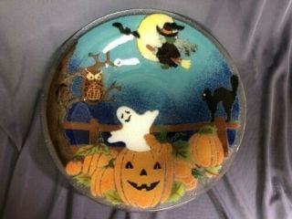 Peggy Karr Fused Glass Halloween Bowl Witch Bat Ghost Black Cat Pumpkin 10 1/2 "