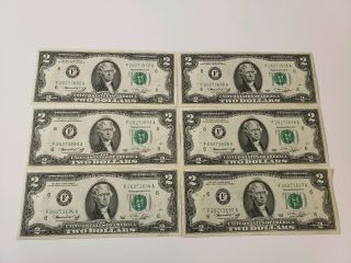 Set Of (6) Consecutive $2 Dollar Bills 1976 F Series -