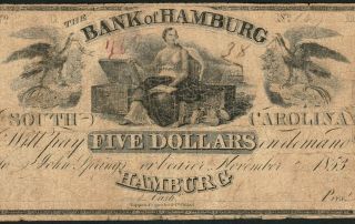 $5 Bank Of Hamburg South Carolina 1853 Obsolete Ghost Town Very Good