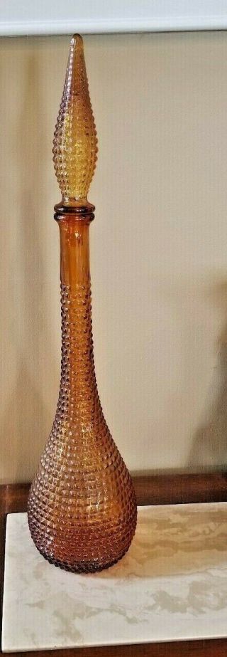 Vintage Amber Italian Glass Empoli Hobnail Genie Bottle Decanter Diamond 22”