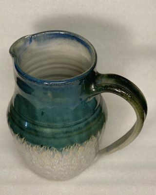 Handmade Pitcher Wheel Thrown Studio Pottery Green Blue Gray Signed Geil Pottery