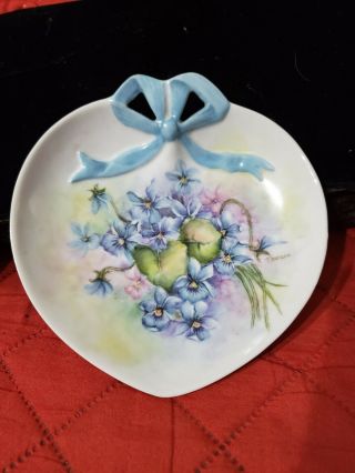 Vintage Heart Shape Hand Painted Signed Trinket Dish Bowl Blue Pink Flowers