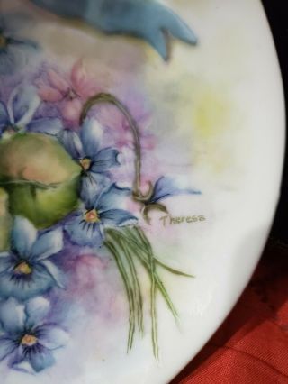 Vintage Heart Shape Hand Painted Signed Trinket Dish Bowl Blue Pink Flowers 2