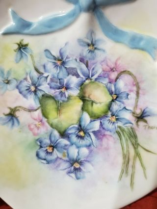 Vintage Heart Shape Hand Painted Signed Trinket Dish Bowl Blue Pink Flowers 3