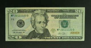 Radar Note Twenty Dollar Bill Series 2013 $20 Usd Mf 22111122 D