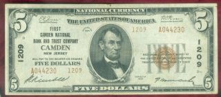 Series Of 1929 $5.  00 National Currency - Camden,  Jersey - Ch.  1209