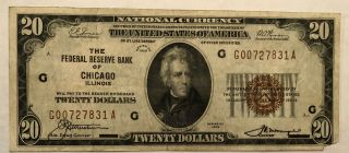 1929 $20 National Currency Federal Reserve Bank Chicago Vf Cornertear G00727831a