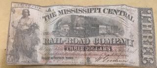 1862 Mississippi Central Railroad Company $3 Note - Civil War Era
