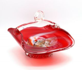 Marbled Basket Red Art Glass Vase Hand Blown Freeform MCM Mid Century Murano 2