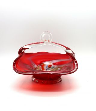 Marbled Basket Red Art Glass Vase Hand Blown Freeform MCM Mid Century Murano 3