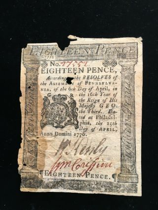 Colonial Currency 18 Pence Note 1776