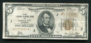 Fr.  1850 - A 1929 $5 Frbn Federal Reserve Bank Note Kansas City,  Mo (g)