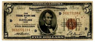 1929 $5 Dollar National Currency Brown Seal Note York,  Cleveland,  Ohio