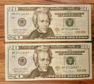 2017 $20 Dollar Star Notes,  2 Consecutive Uncirculated Crisp Bills