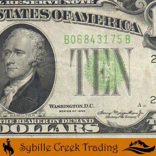 1934 $10 York Frn Better B - B Block Federal Reserve Note 43175 - P