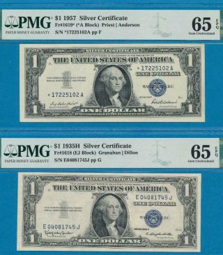 $1.  00 1957 Star,  $1.  00 1935 - H Silver Certificate Pmg Gem 65epq Pair