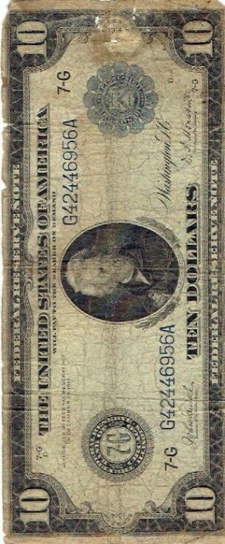 1914 Series Blue Seal Large 10 Ten Federal Reserve Note Well Circulated